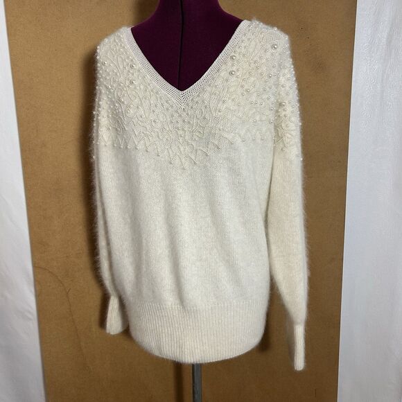 Vintage 80s Side Effects Beaded Ivory Wool Angora Rabbit Hair Sweater Sz M - Picture 13 of 16